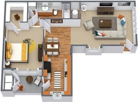 Floor plan for 1 bed, 1 bath, 718 sqft